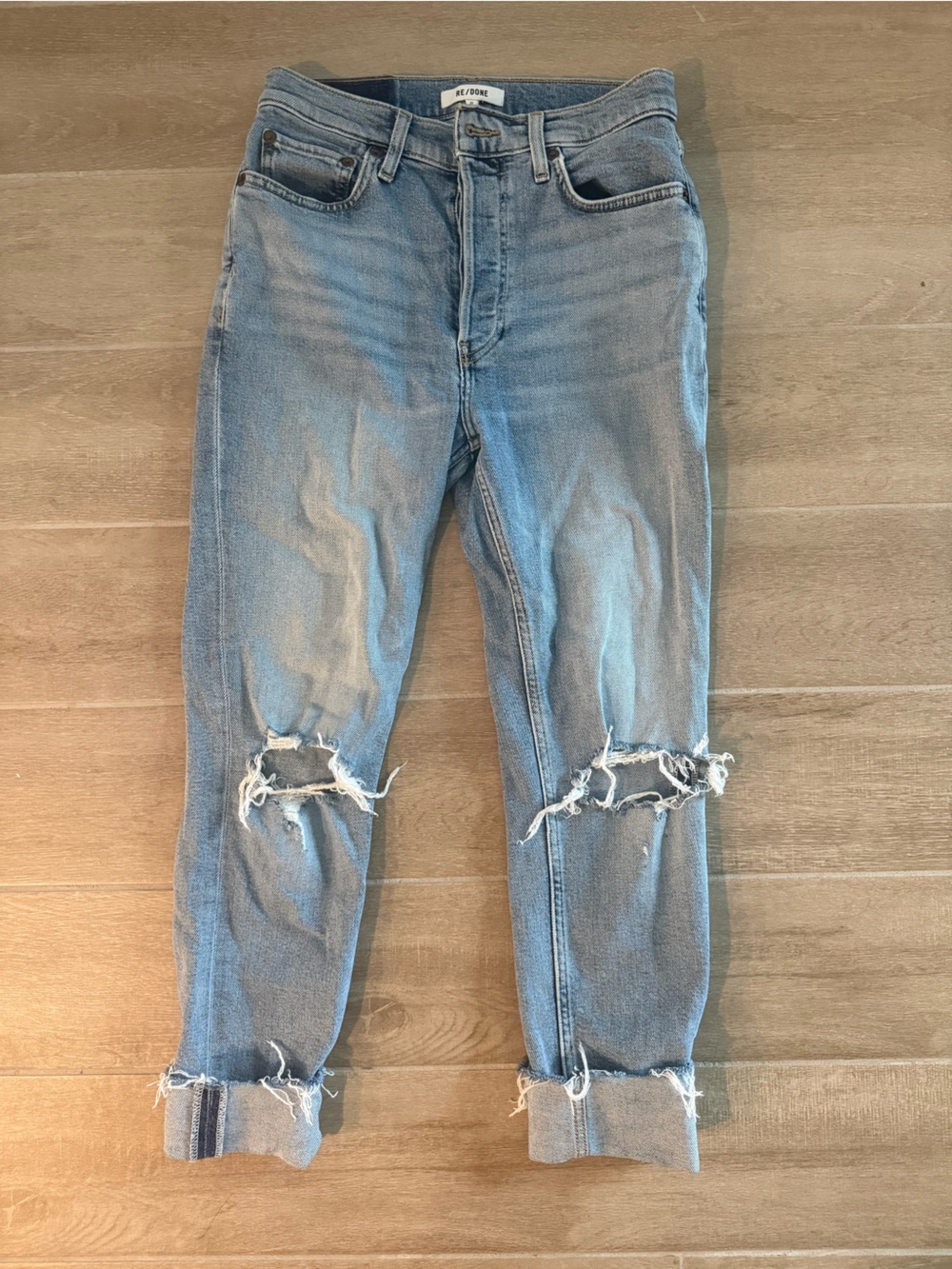 Re/Done Light Blue Distressed Straight-Leg Jeans